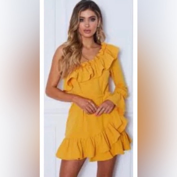 Yellow Ruffle One Shoulder Parisian style Mini Dress - White Fox Boutique - Picture 2 of 5